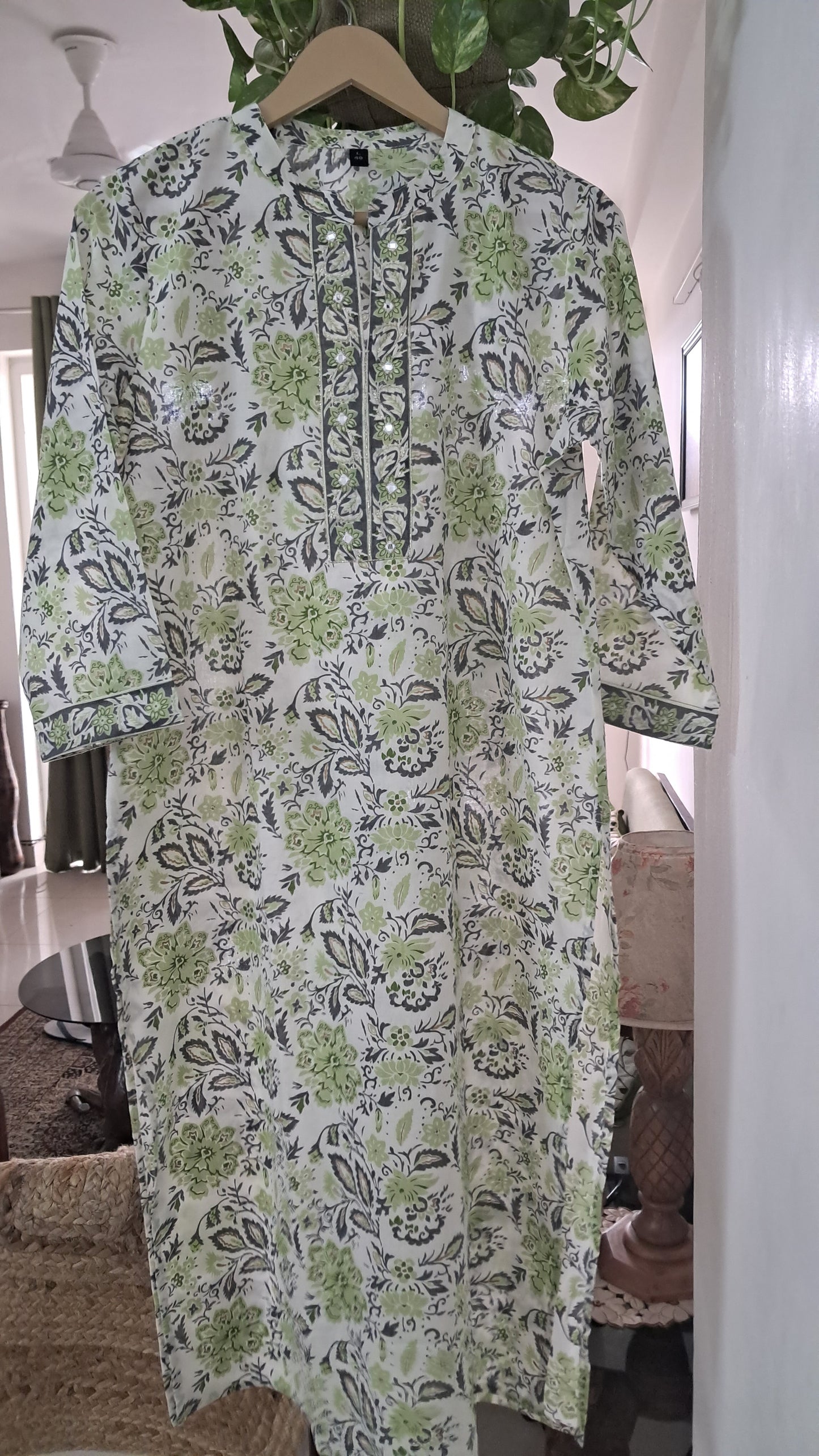 Green Floral Print Cotton Kurta