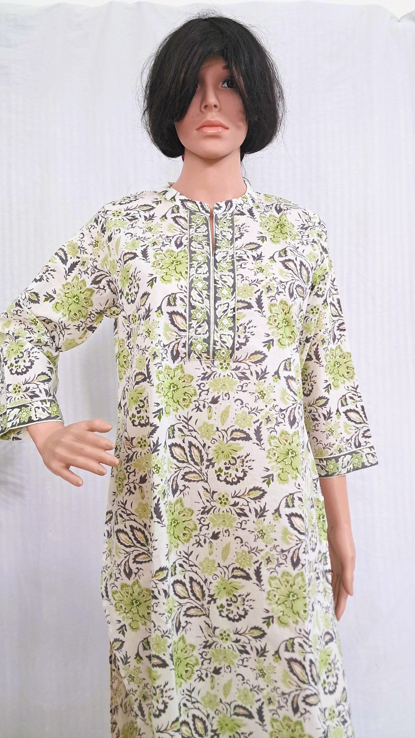 Green Floral Print Cotton Kurta