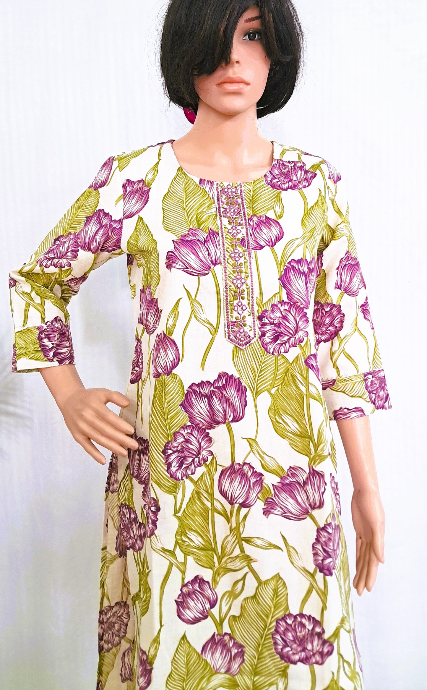 Beige Floral Print Cotton Kurta