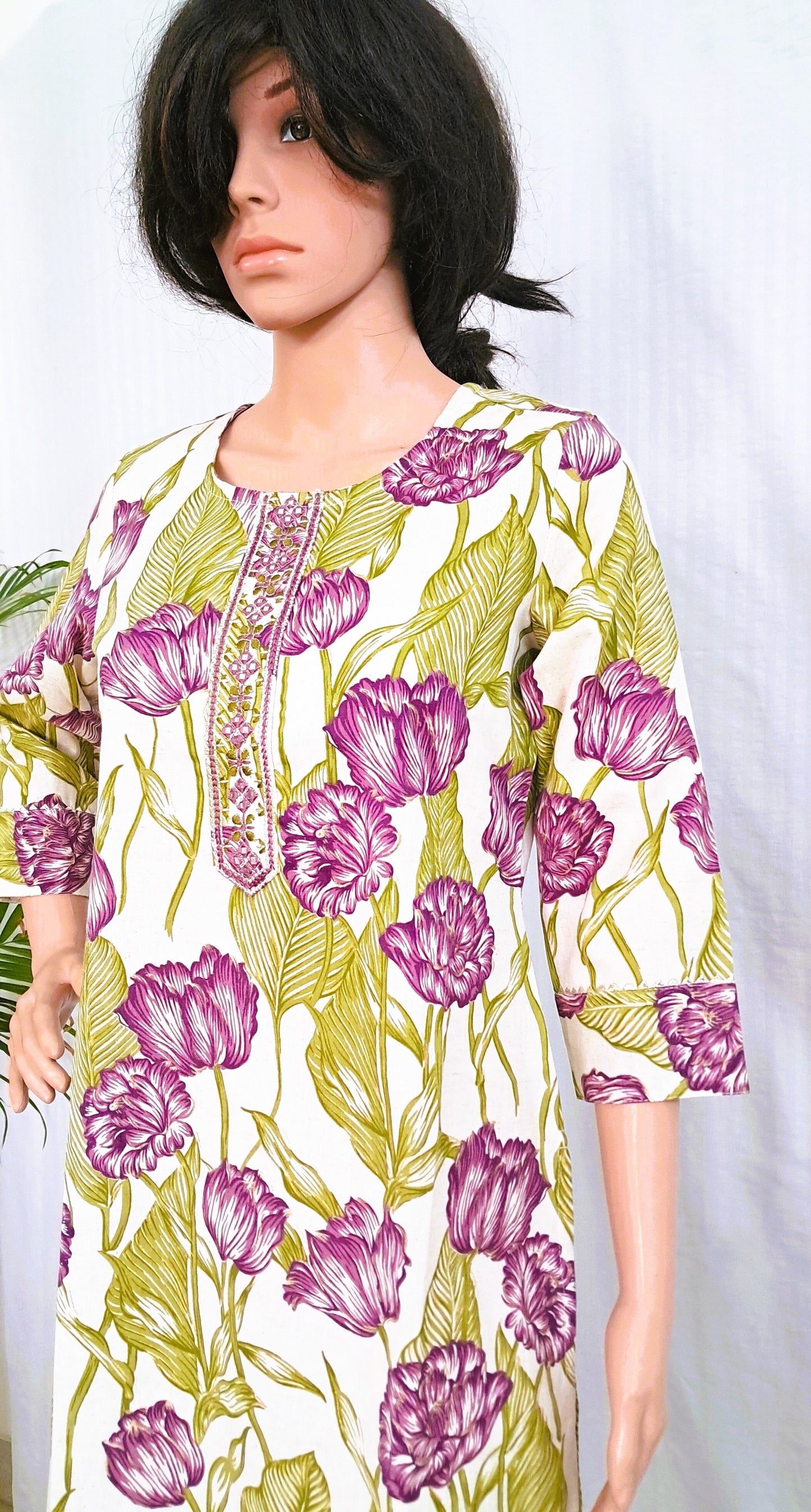 Beige Floral Print Cotton Kurta