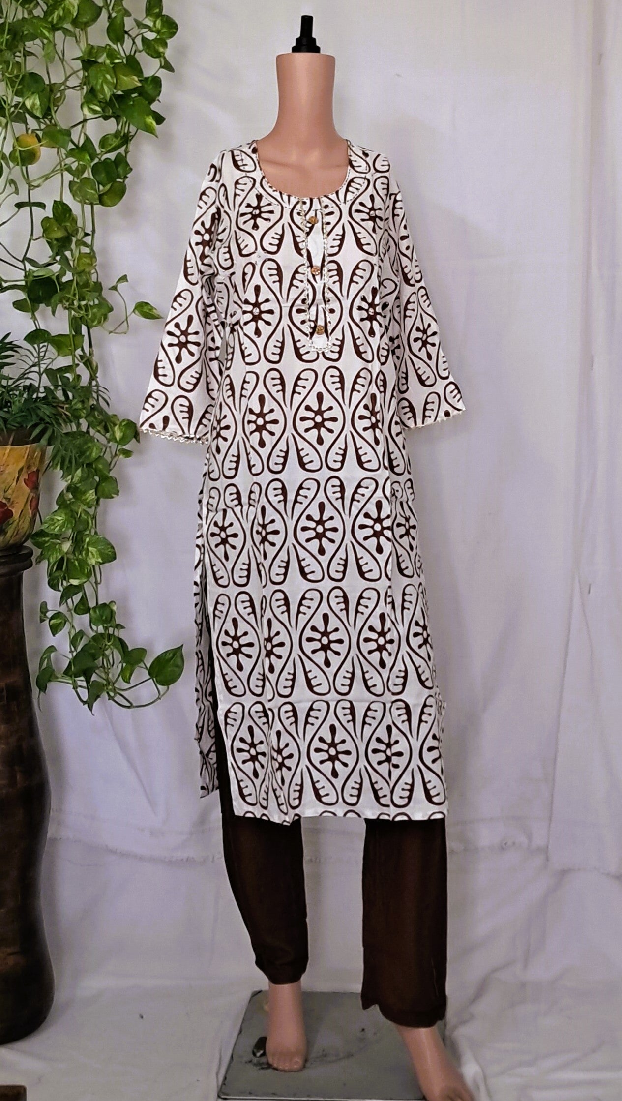 White Brown Kurta Pant & Dupatta sets