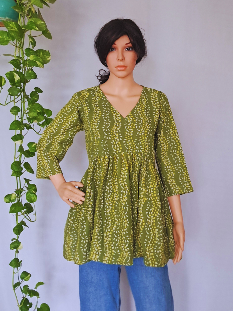 Green Cotton Frill Short Kurti