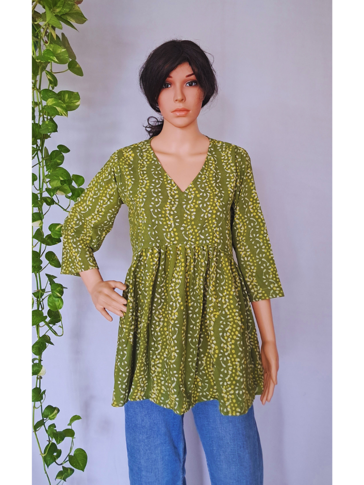 Green Cotton Frill Short Kurti