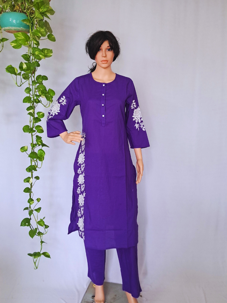Purple Embroidered Cotton Kurta Sets