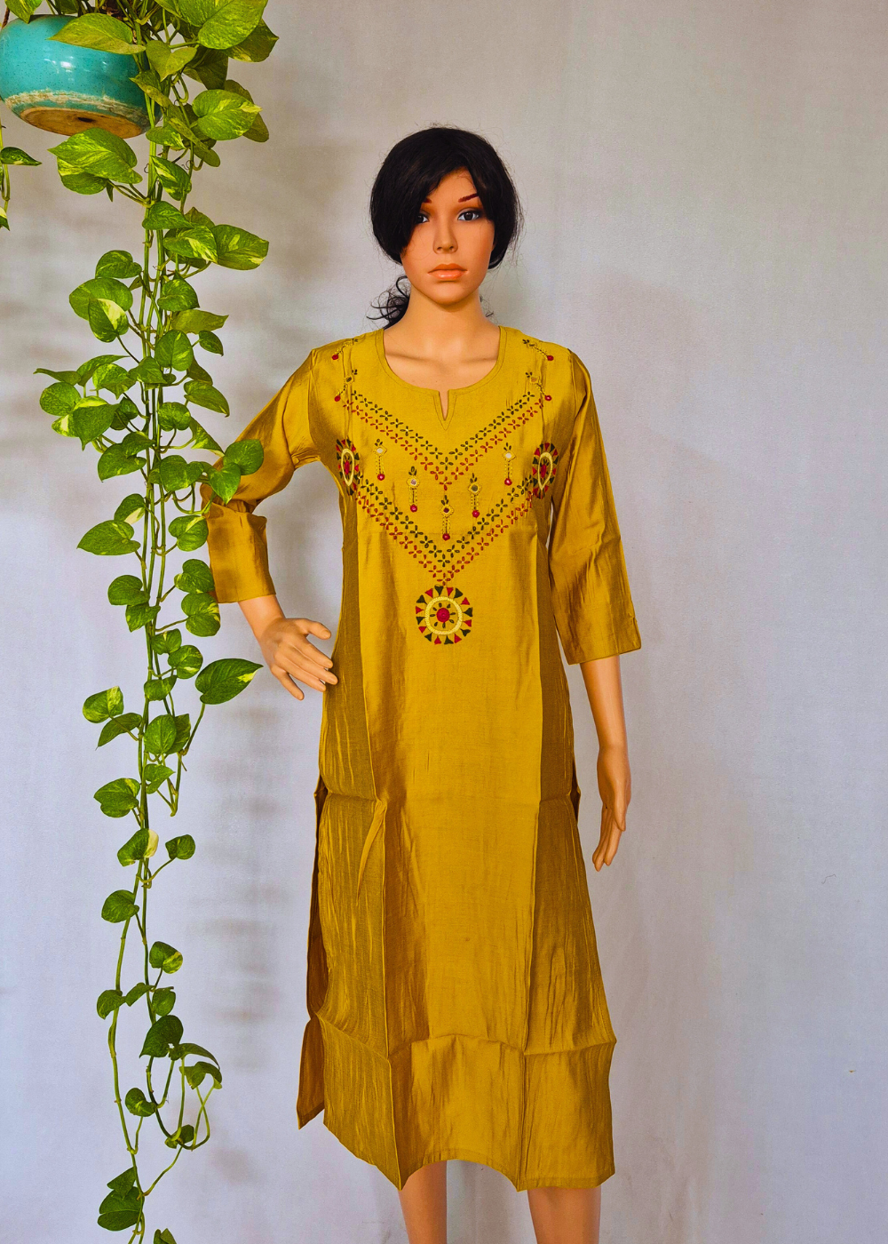 Roman Silk Embroidered Yellow Kurta