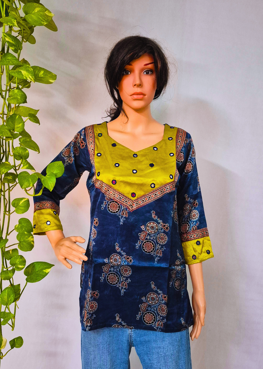 Mashru Silk Blue Short Kurti
