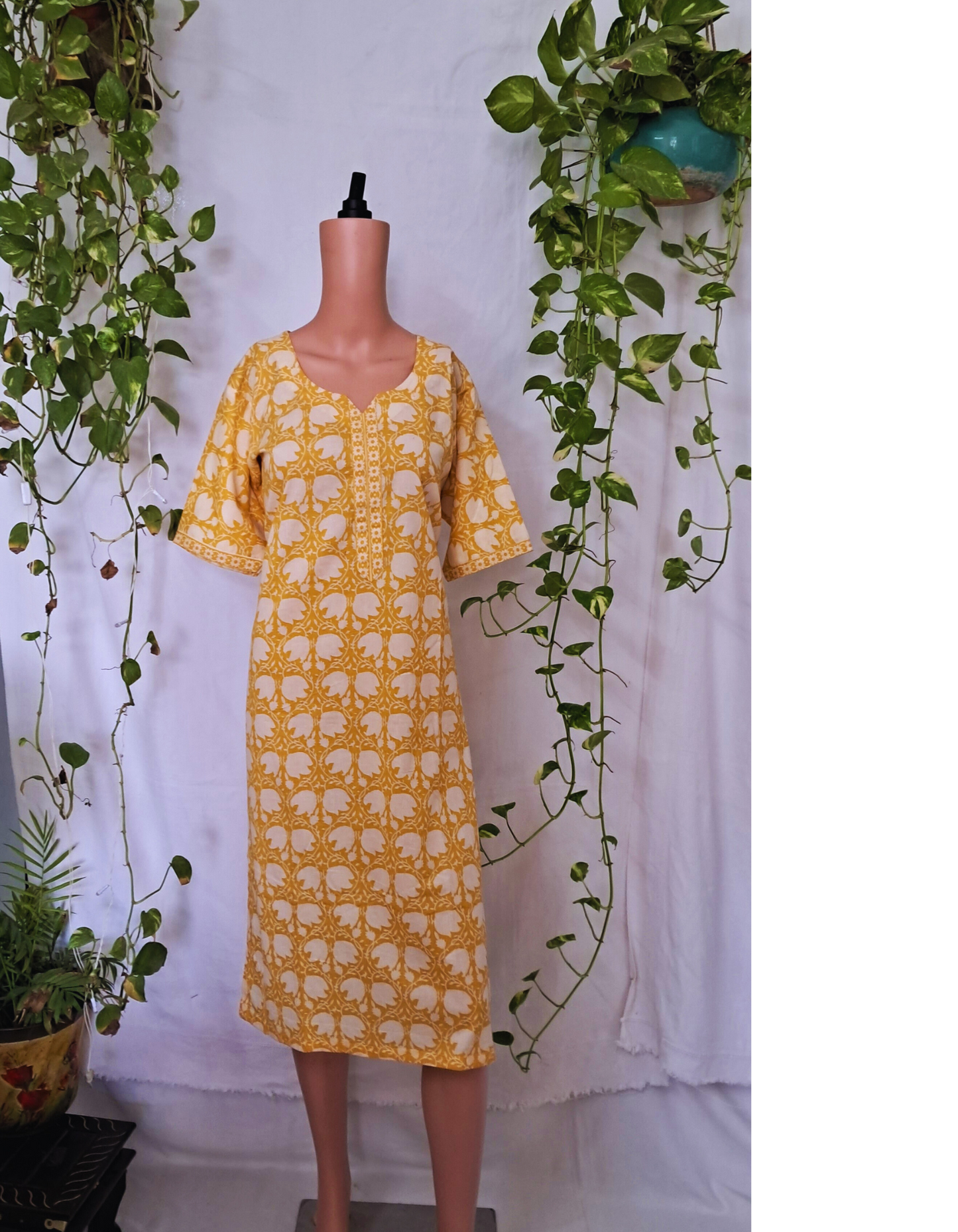 Yellow Block Print Cotton Kurta