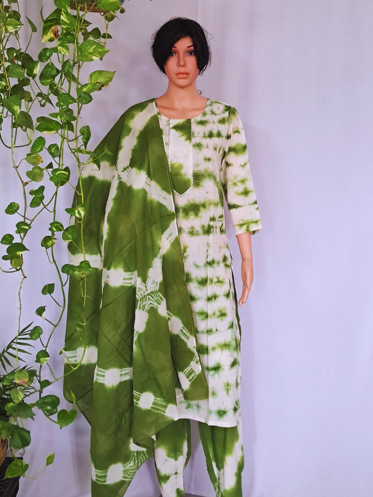 Green Premium Cotton Kurta Pant & Dupatta Set