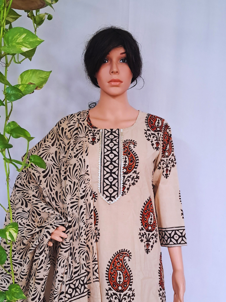 Hand Block Premium Cotton Kurta Pant & Dupatta Set