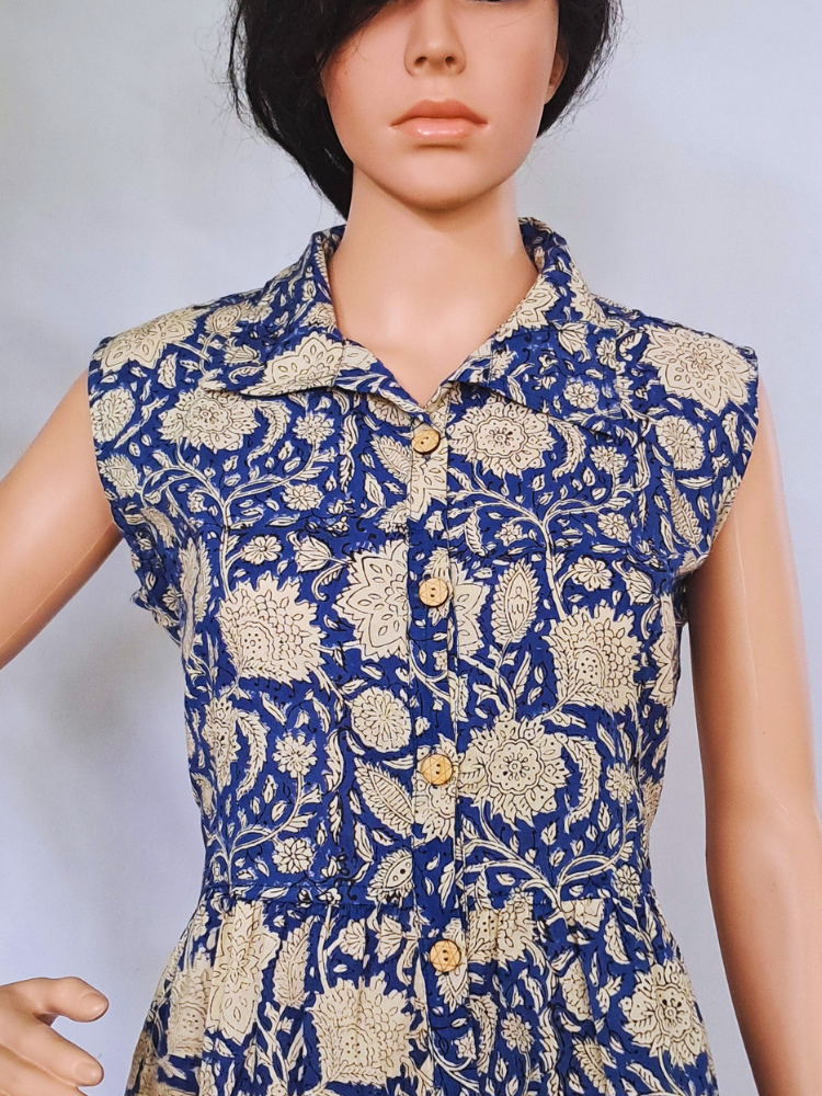 Blue Bagru Hand Block Cotton Dress