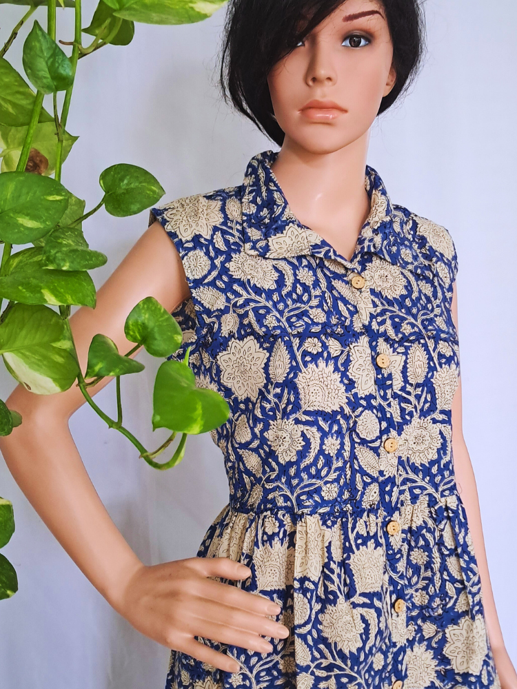 Blue Bagru Hand Block Cotton Dress