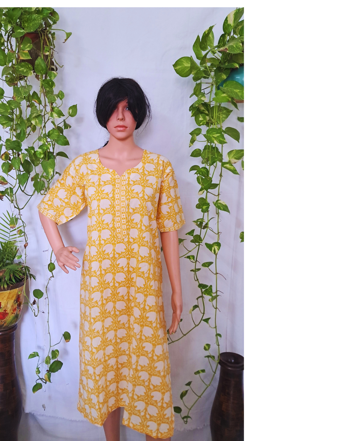 Yellow Block Print Cotton Kurta