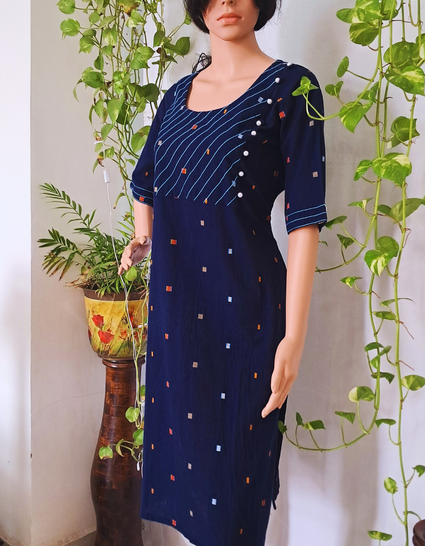 Navy Blue Embroidered Cotton Kurta