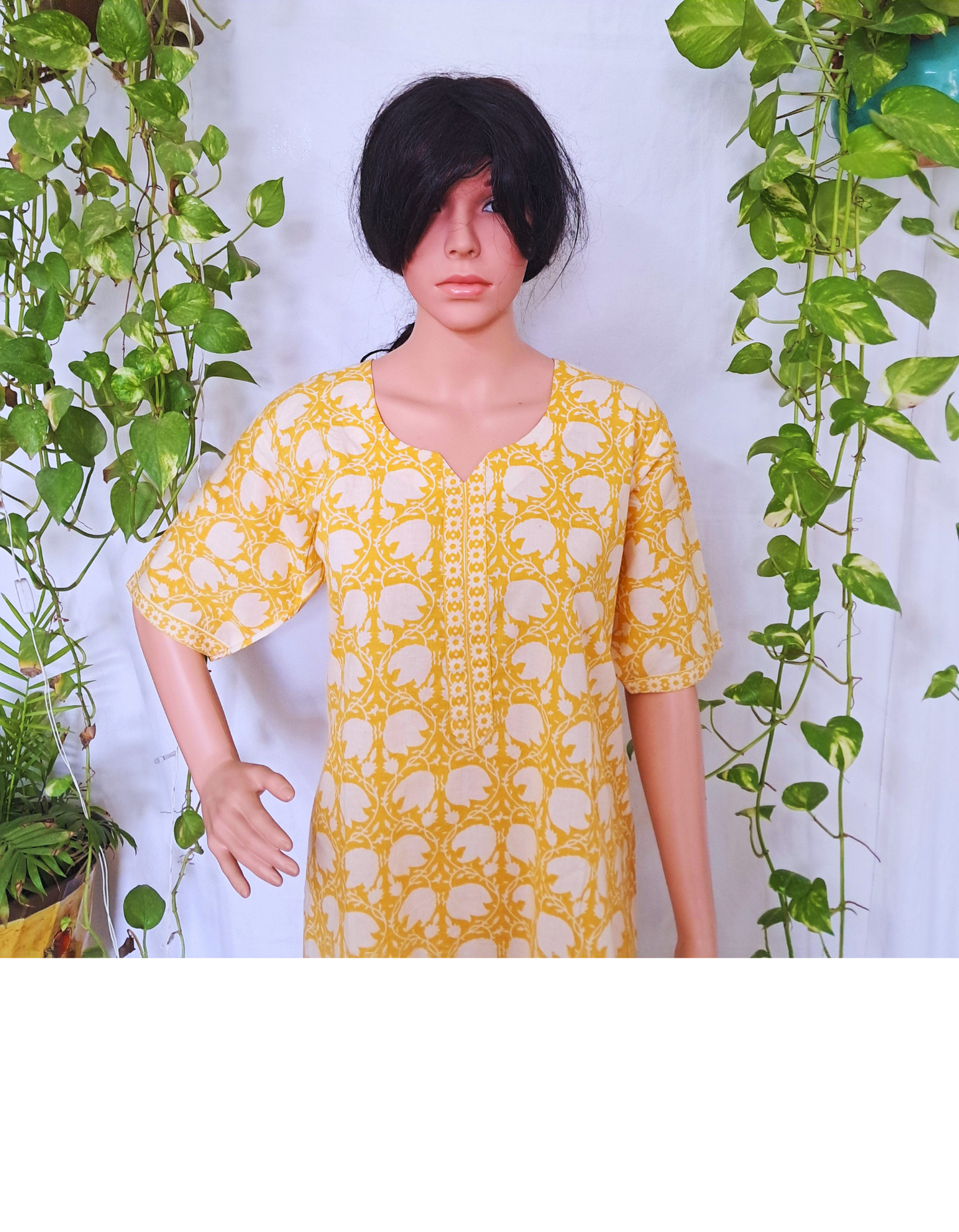 Yellow Block Print Cotton Kurta