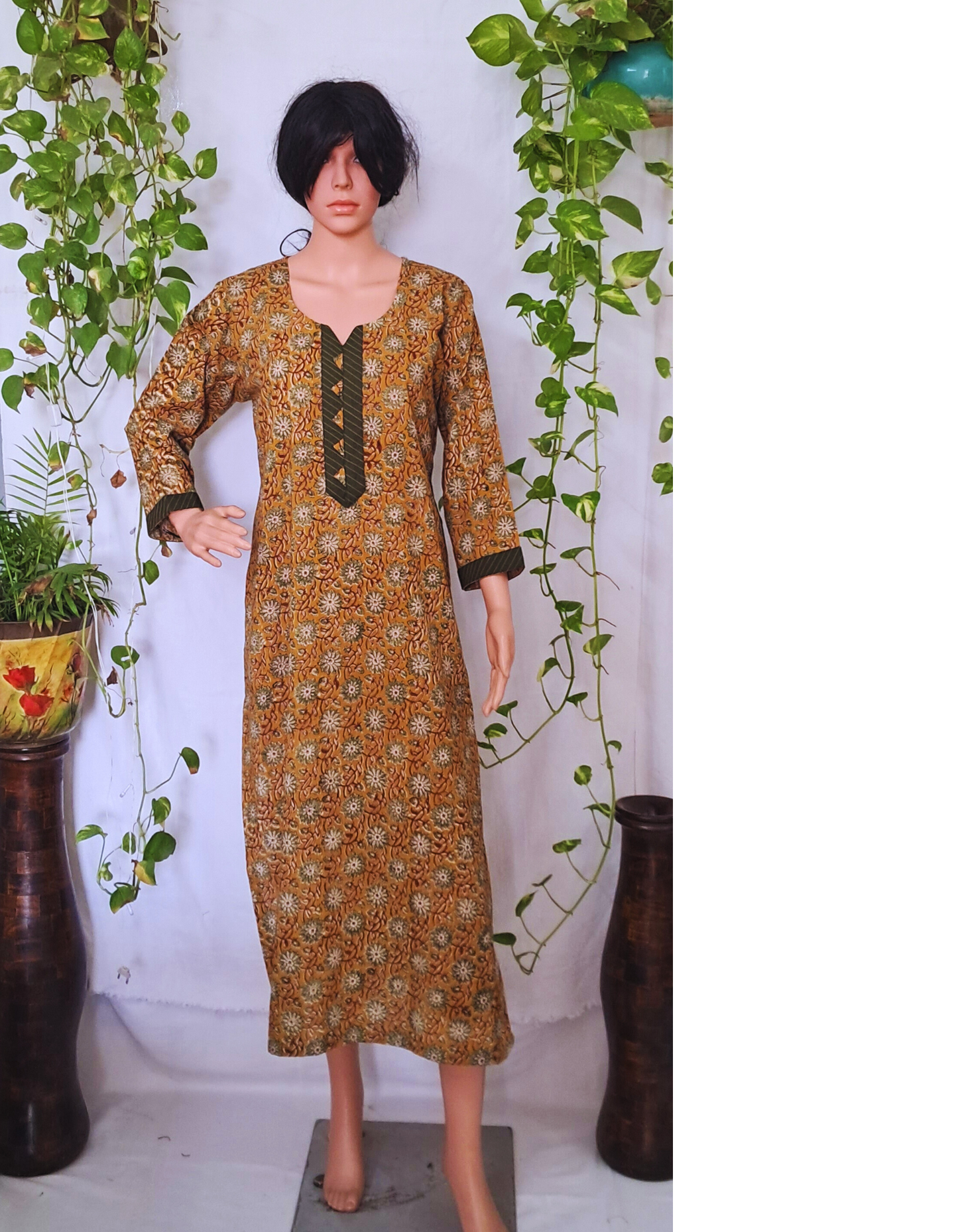 Mustard Printed Cotton Kurta For Women