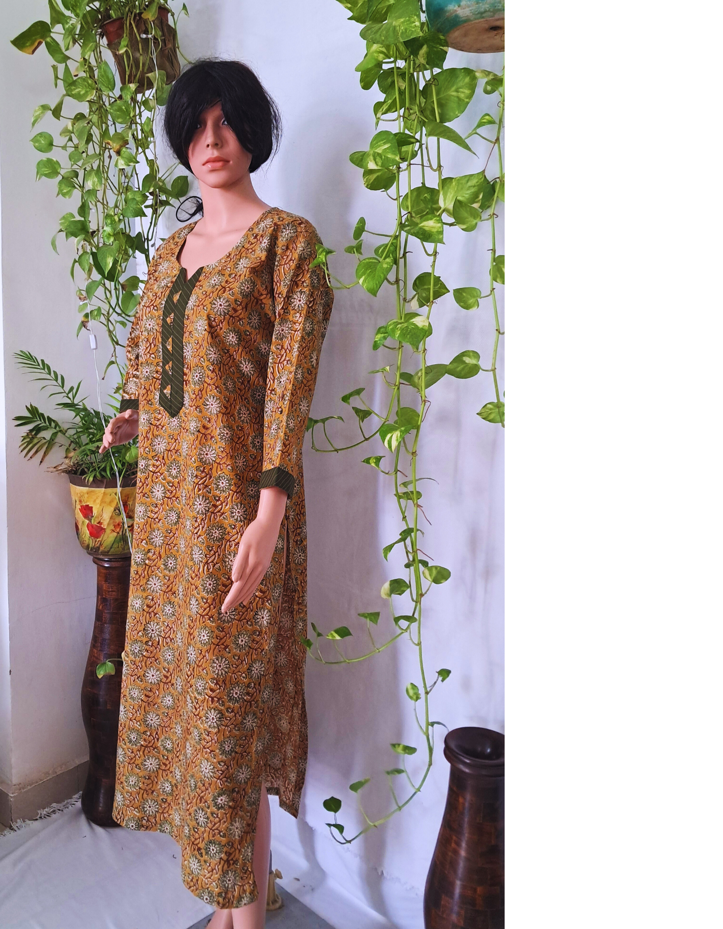 Mustard Printed Cotton Kurta For Women