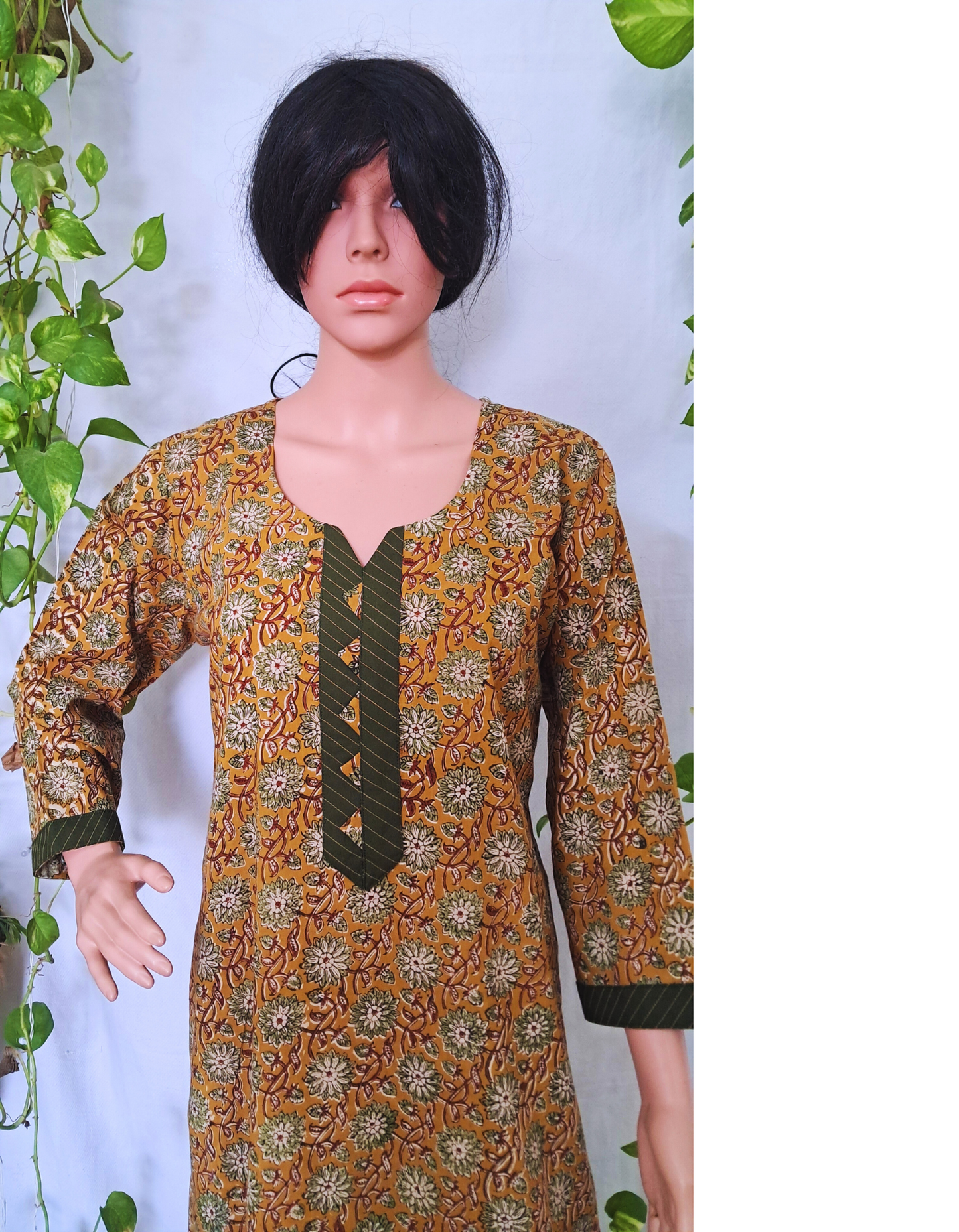 Mustard Printed Cotton Kurta For Women