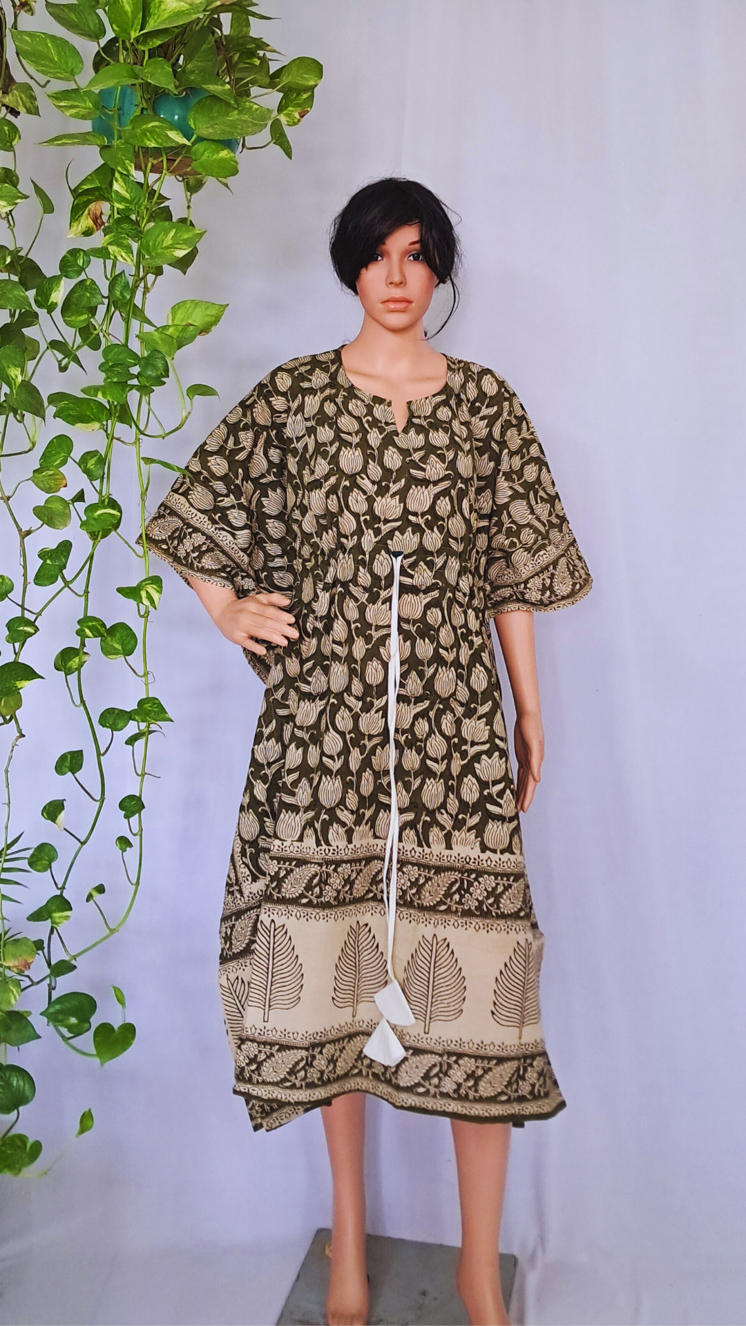 Green Block Printed Kaftan Dress