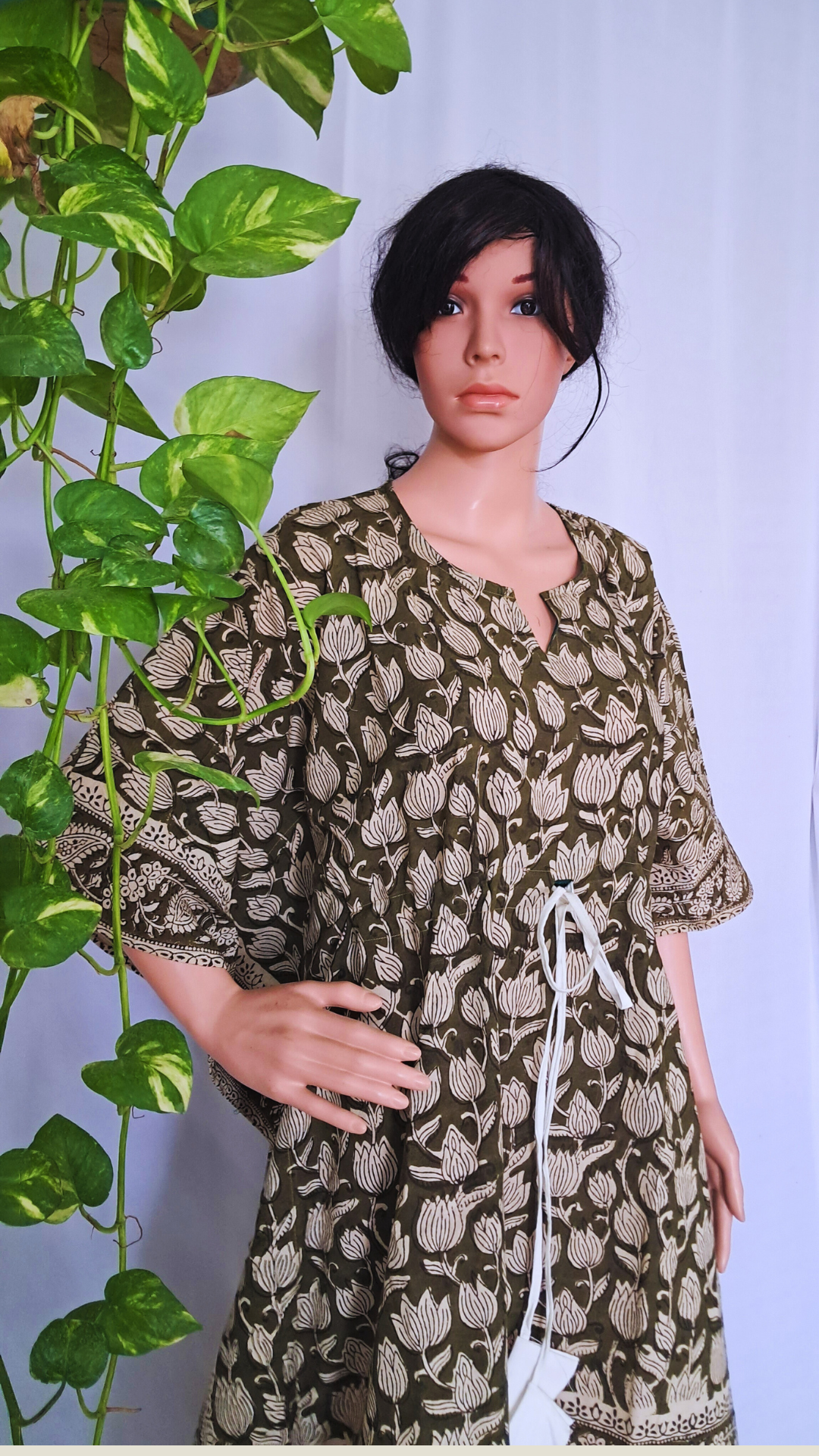 Green Block Printed Kaftan Dress
