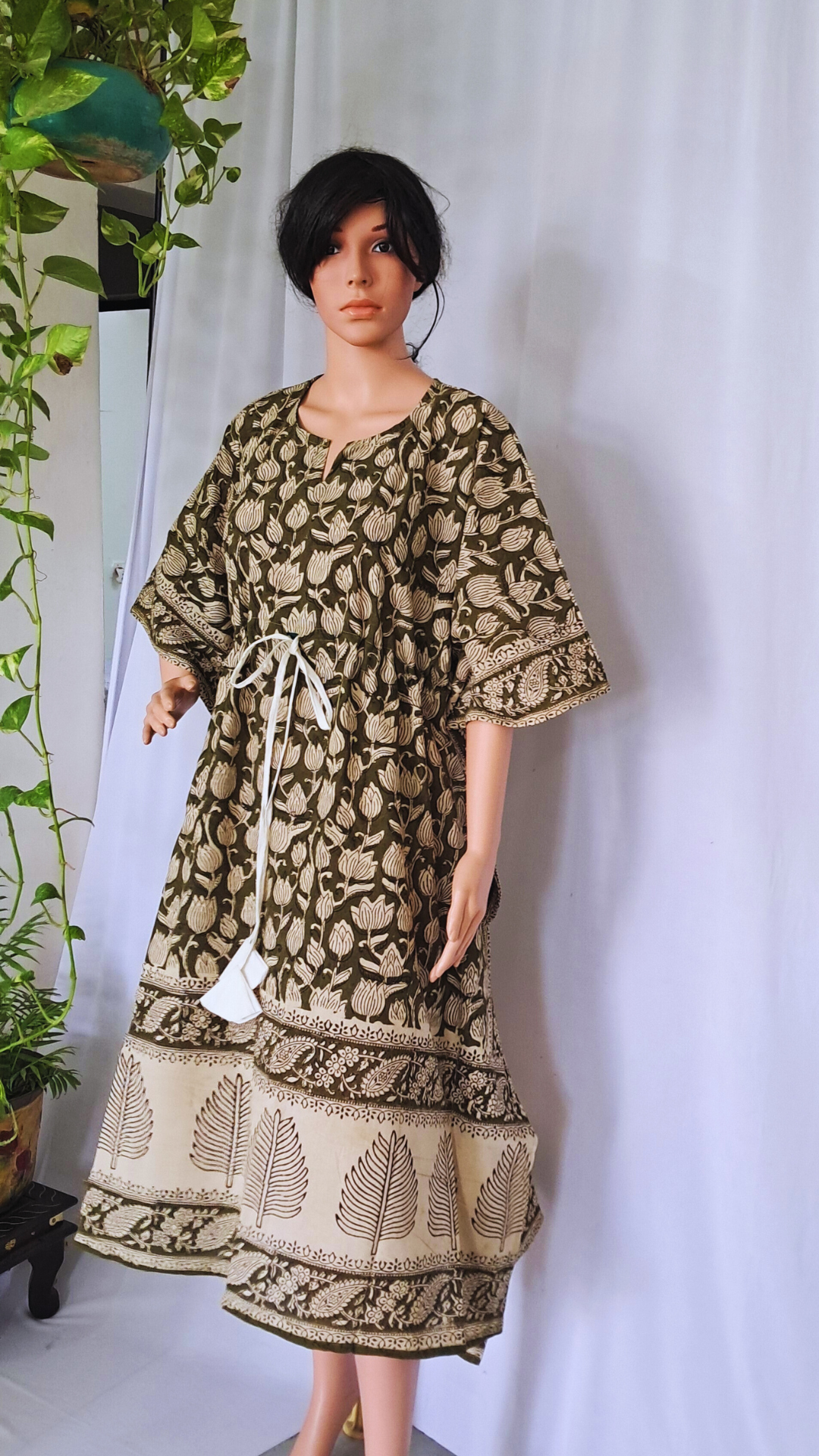 Green Block Printed Kaftan Dress