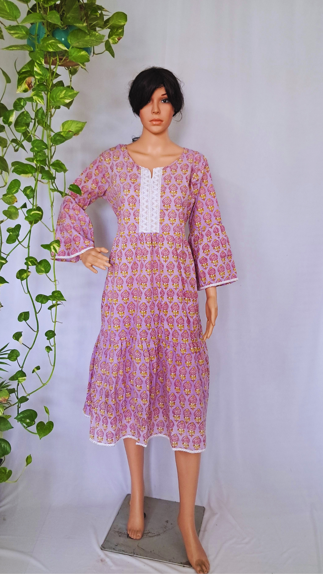 Mauve Block Print Cotton Dress for Women