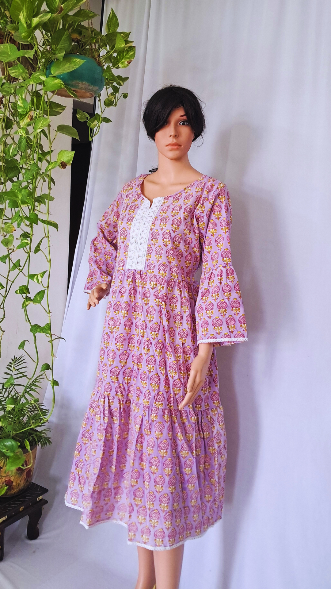 Mauve Block Print Cotton Dress for Women