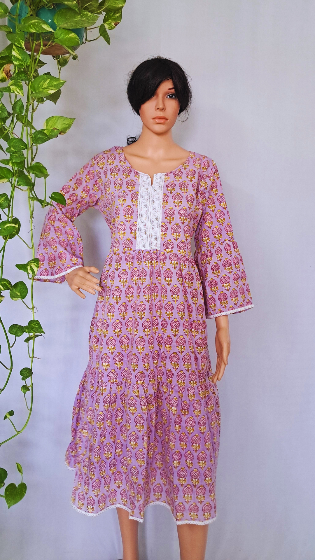 Mauve Block Print Cotton Dress for Women
