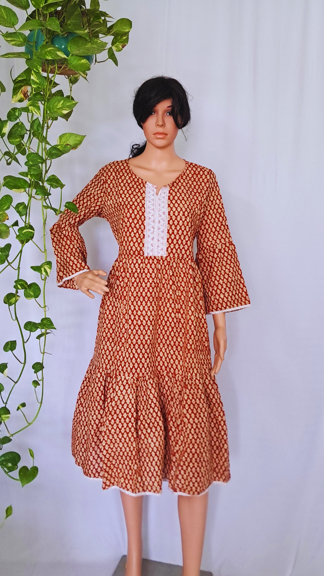Maroon Block Print Cotton Dress for Women