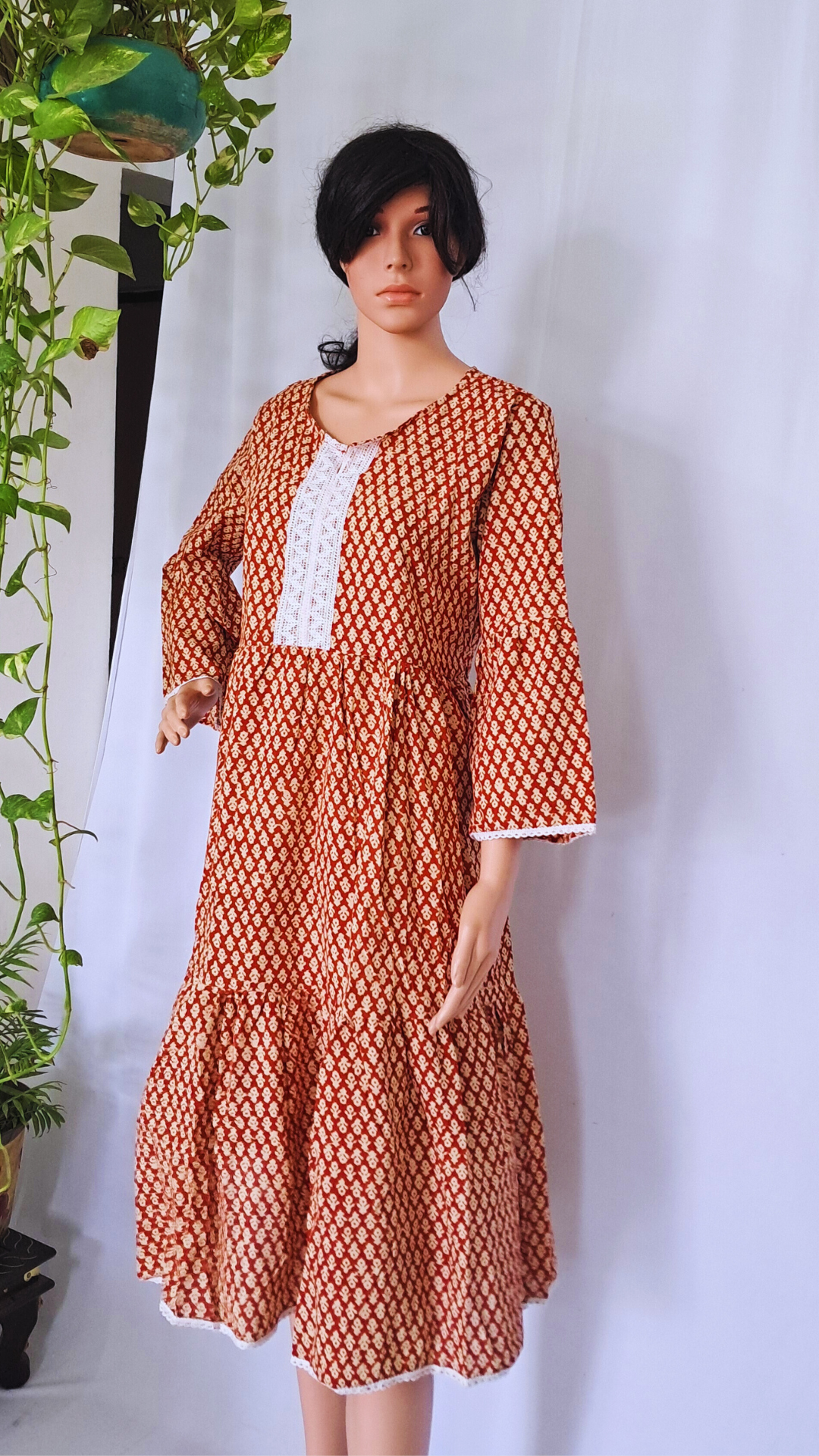 Maroon Block Print Cotton Dress for Women