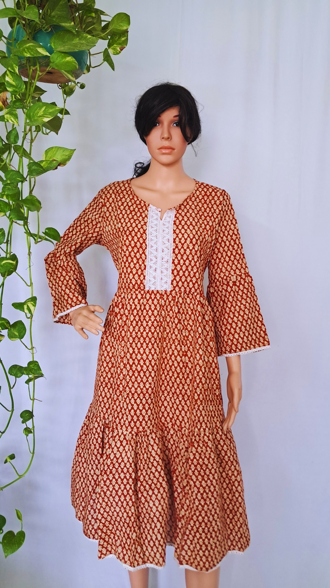 Maroon Block Print Cotton Dress for Women