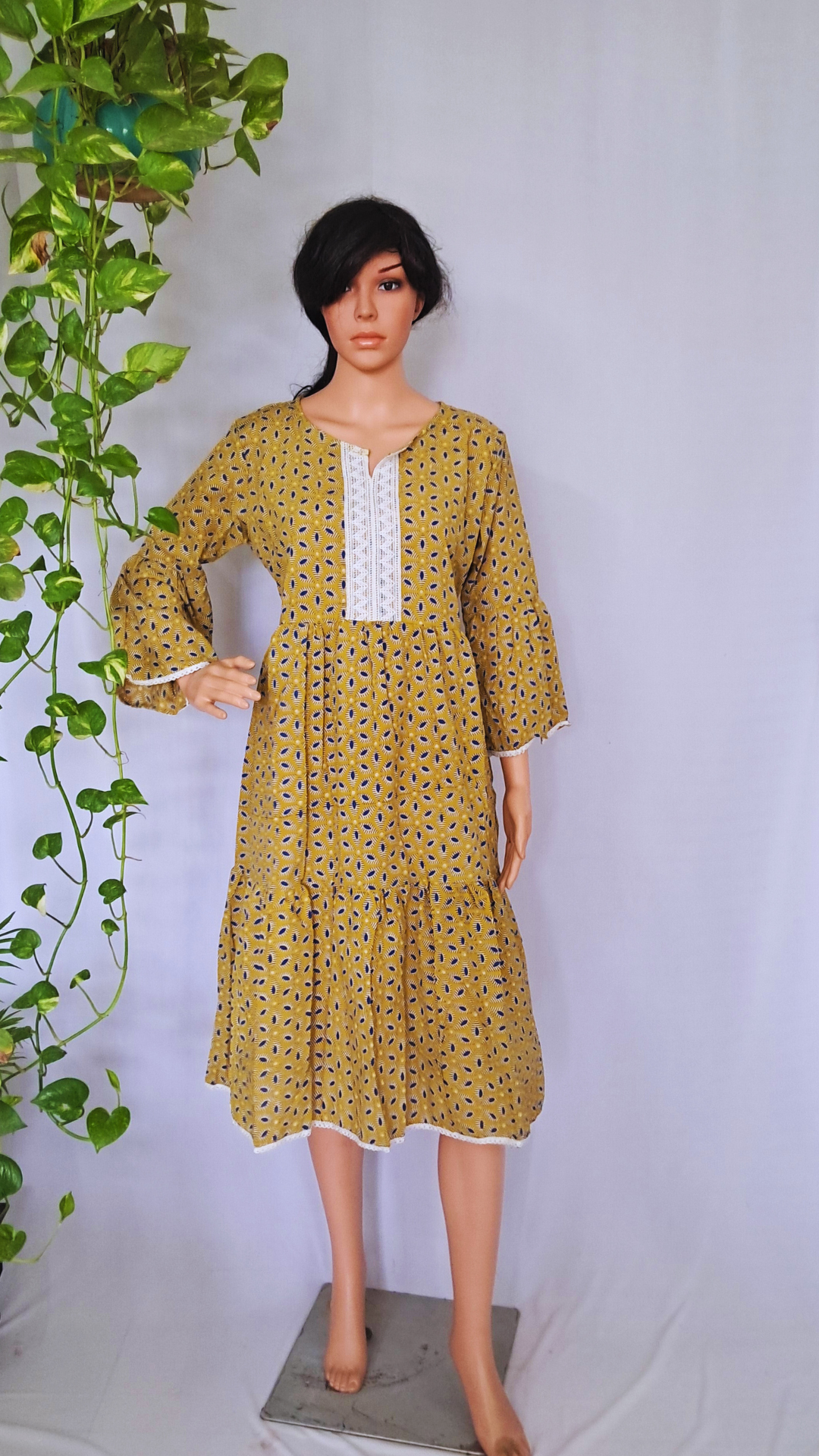 Yellow Block Print Cotton Dress for Women