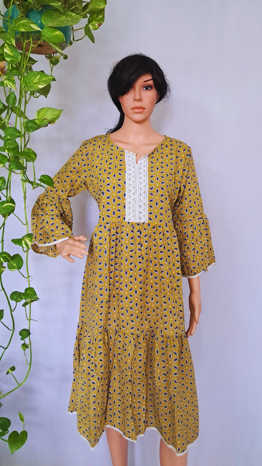 Yellow Block Print Cotton Dress for Women