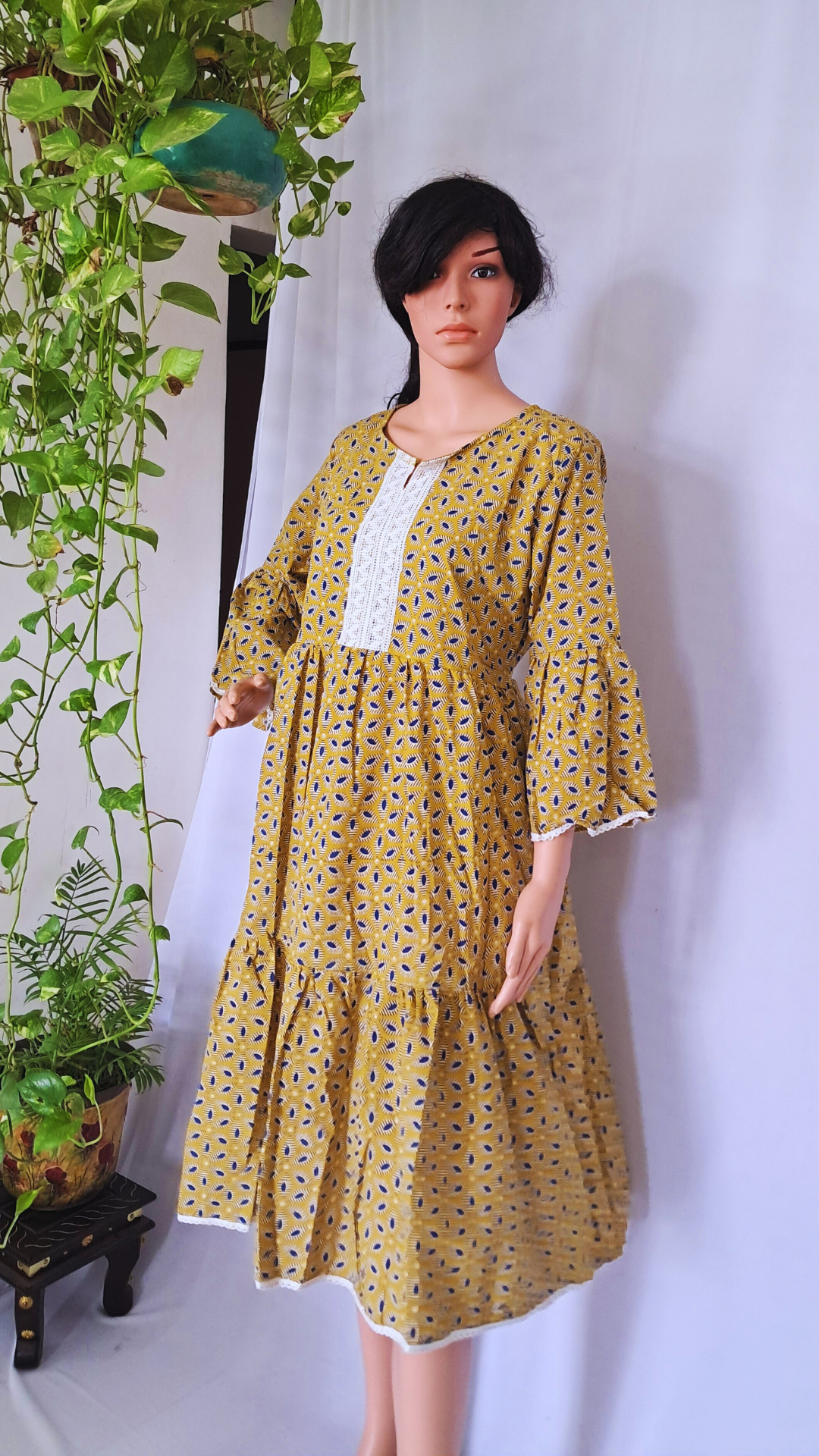 Yellow Block Print Cotton Dress for Women
