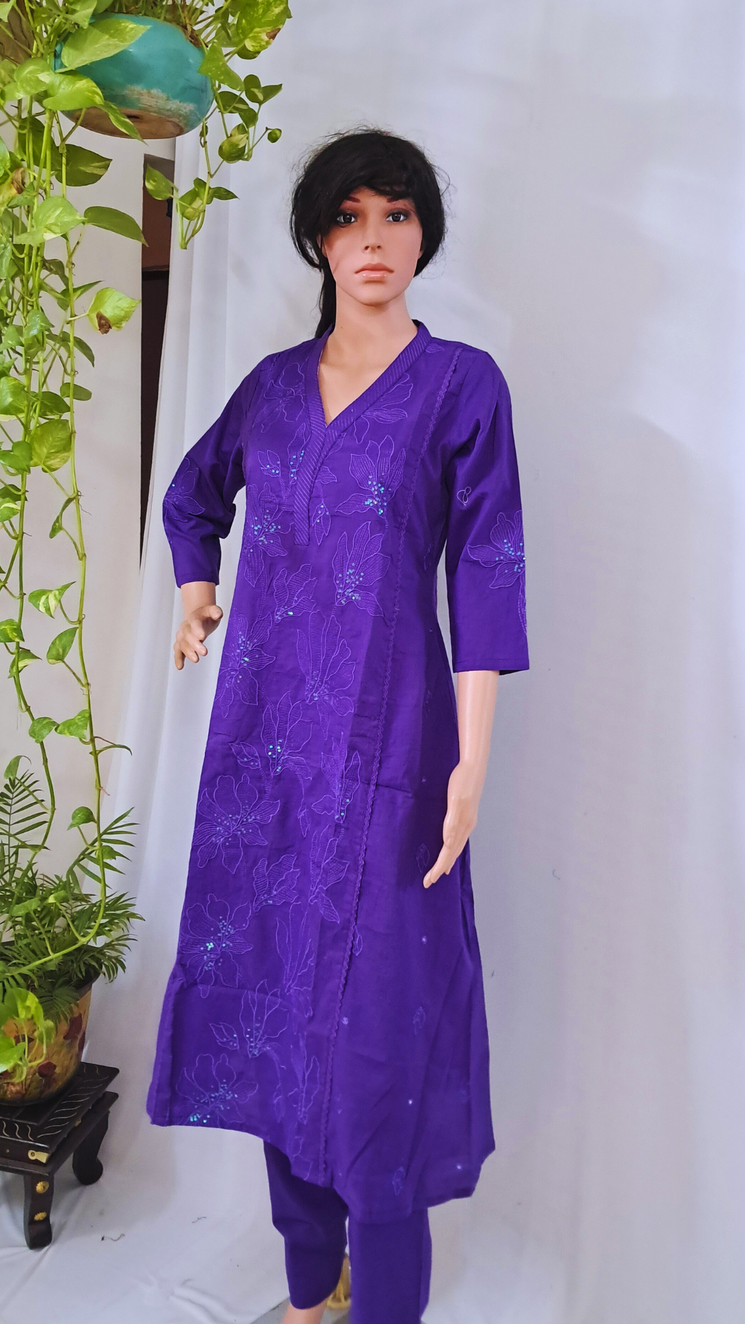 Purple Cotton Kurta, Pants & Dupatta sets