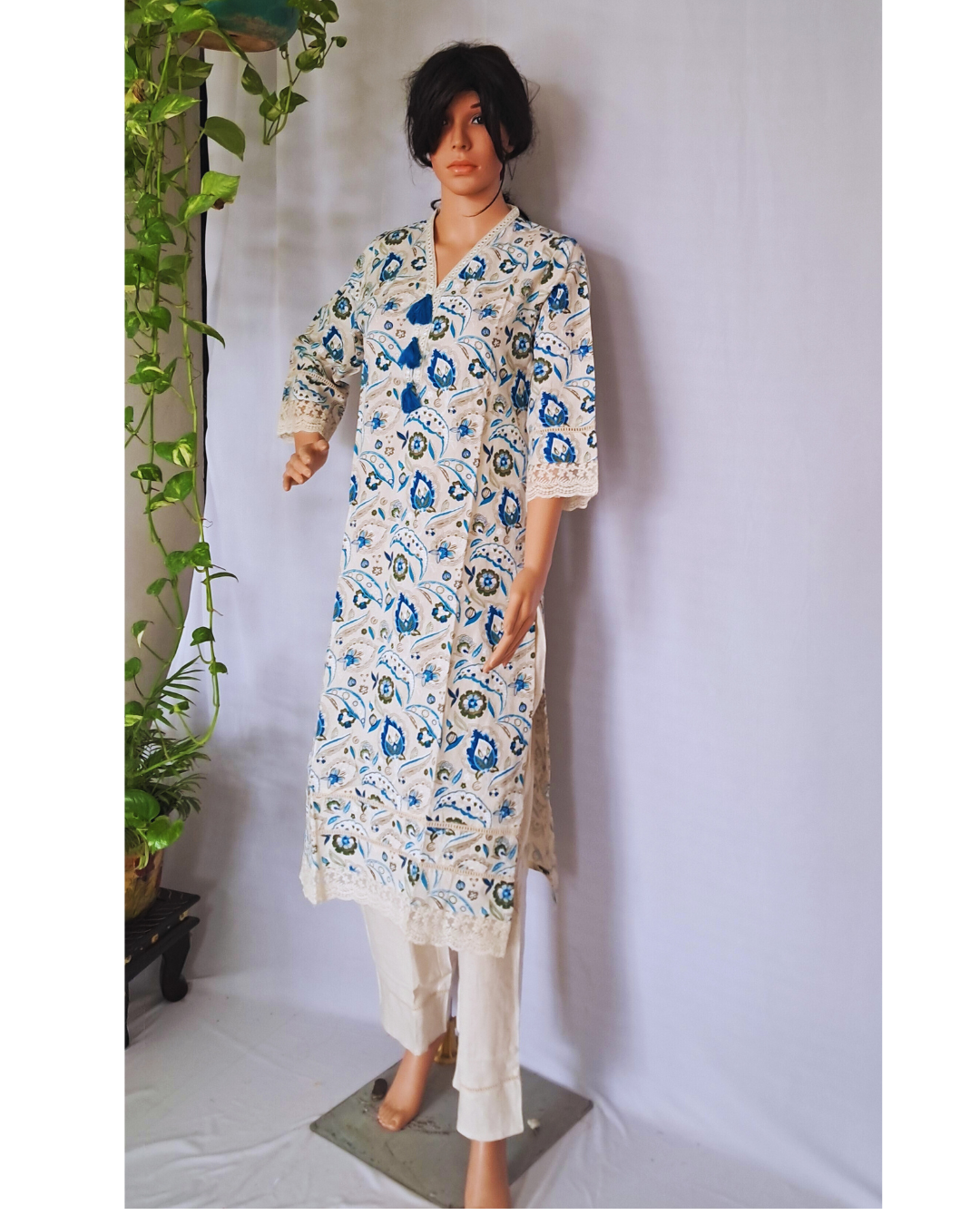 Floral Blue Cotton Kurta Pants Set
