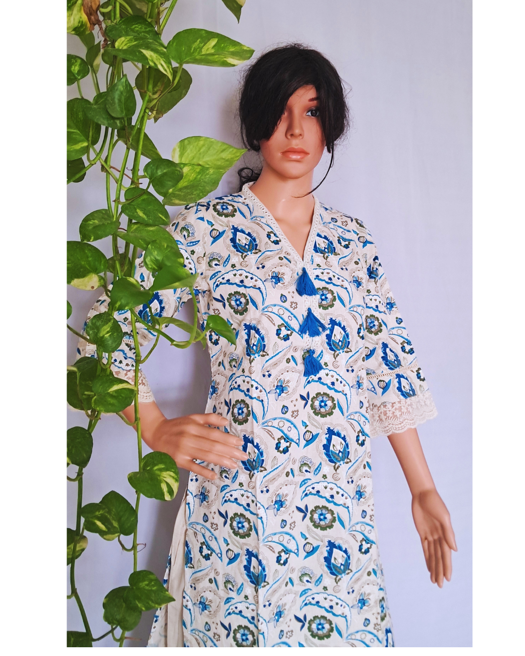 Floral Blue Cotton Kurta Pants Set