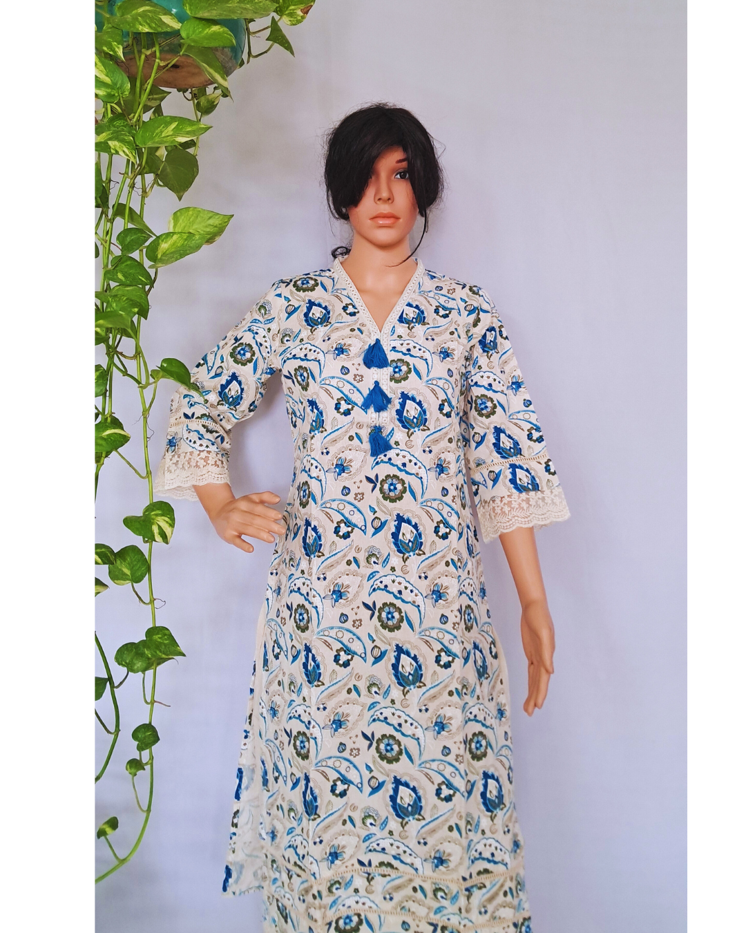 Floral Blue Cotton Kurta Pants Set