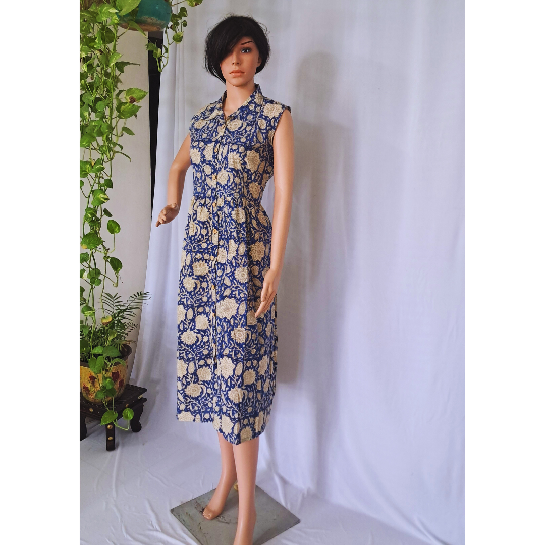 Blue Bagru Hand Block Cotton Dress