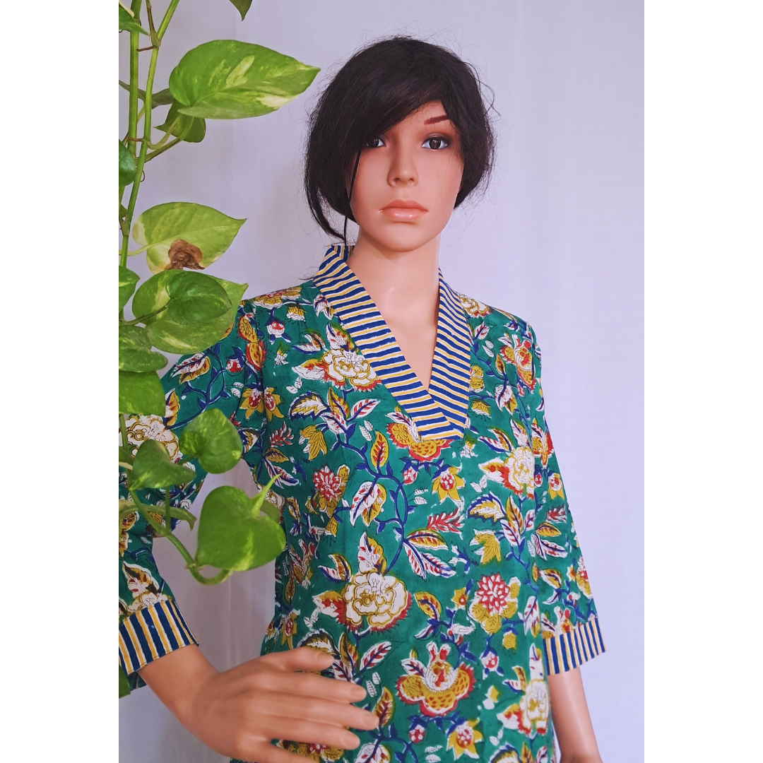 Green Floral Cotton Kurta Sets