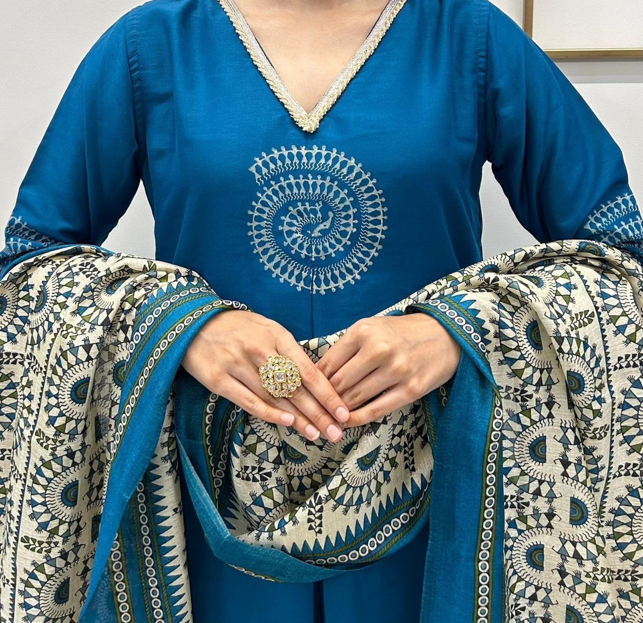 Blue Missi Silk Worli Kurta Pant Sets