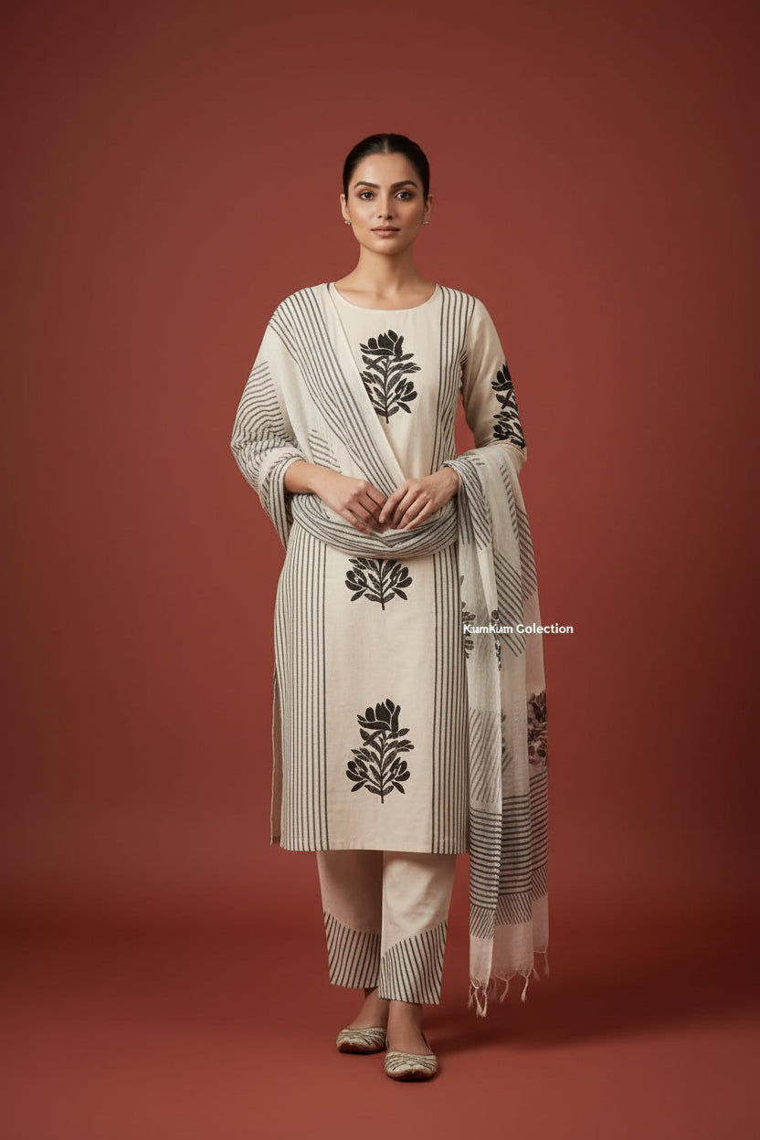 Khadi Linen Block Print Kurta, Pants & Dupatta Set