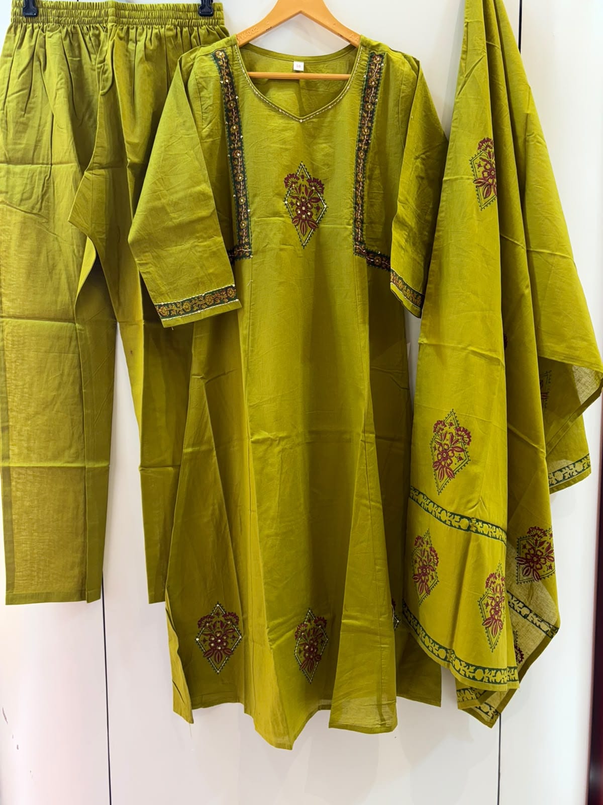 Handloom Cotton Kurta, Pants & Dupatta Set