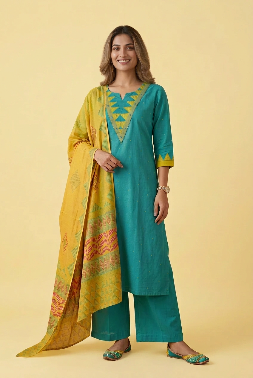 Jaya Jamdani Cotton Kurta, Pants & Dupatta Set