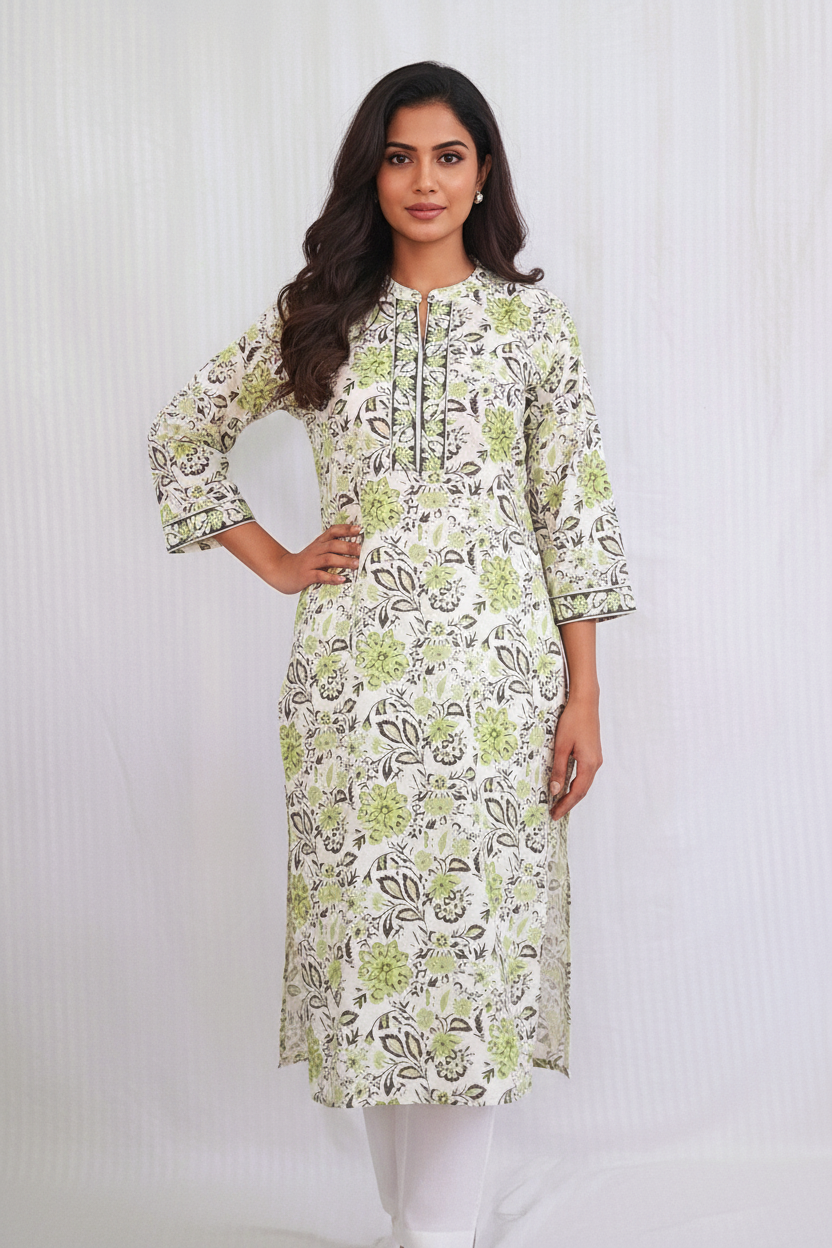 Green Floral Print Cotton Kurta