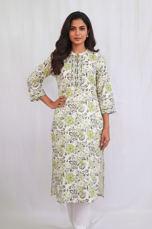 Green Floral Print Cotton Kurta