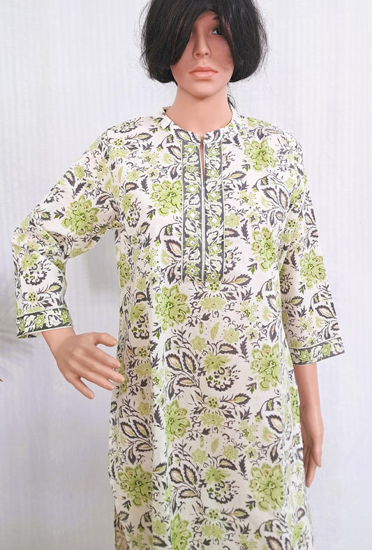 Green Floral Print Cotton Kurta 