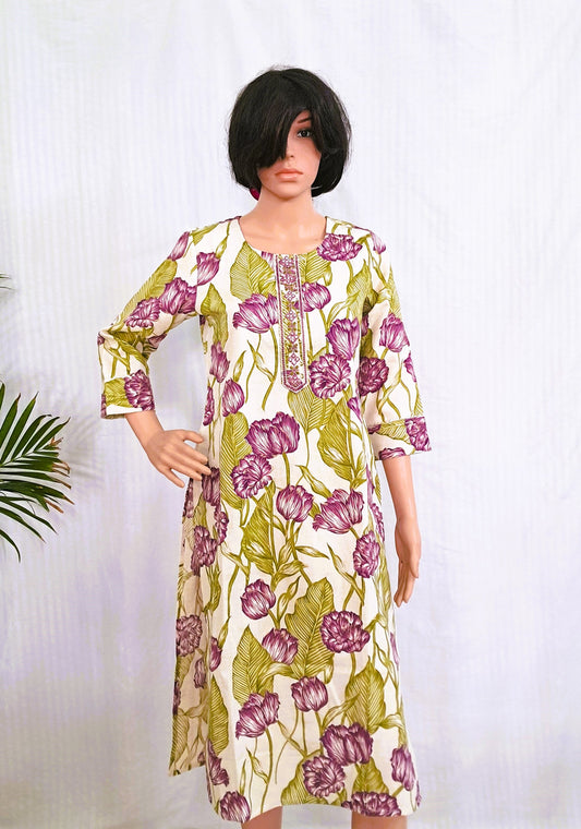 Beige Floral Print Cotton Kurta