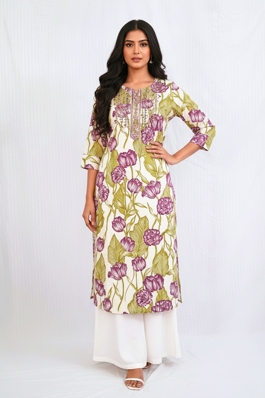 Beige Floral Print Cotton Kurta