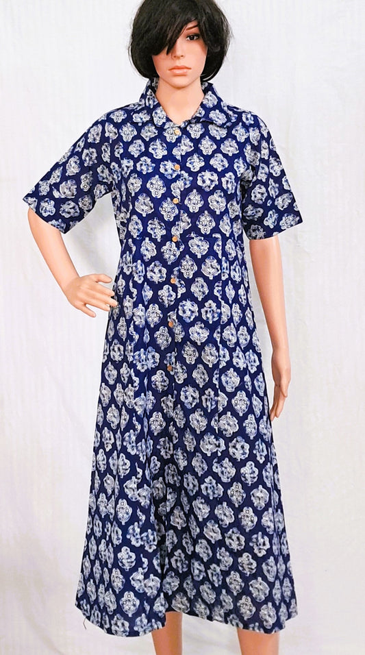 Block Printed Blue A-Line Kurta