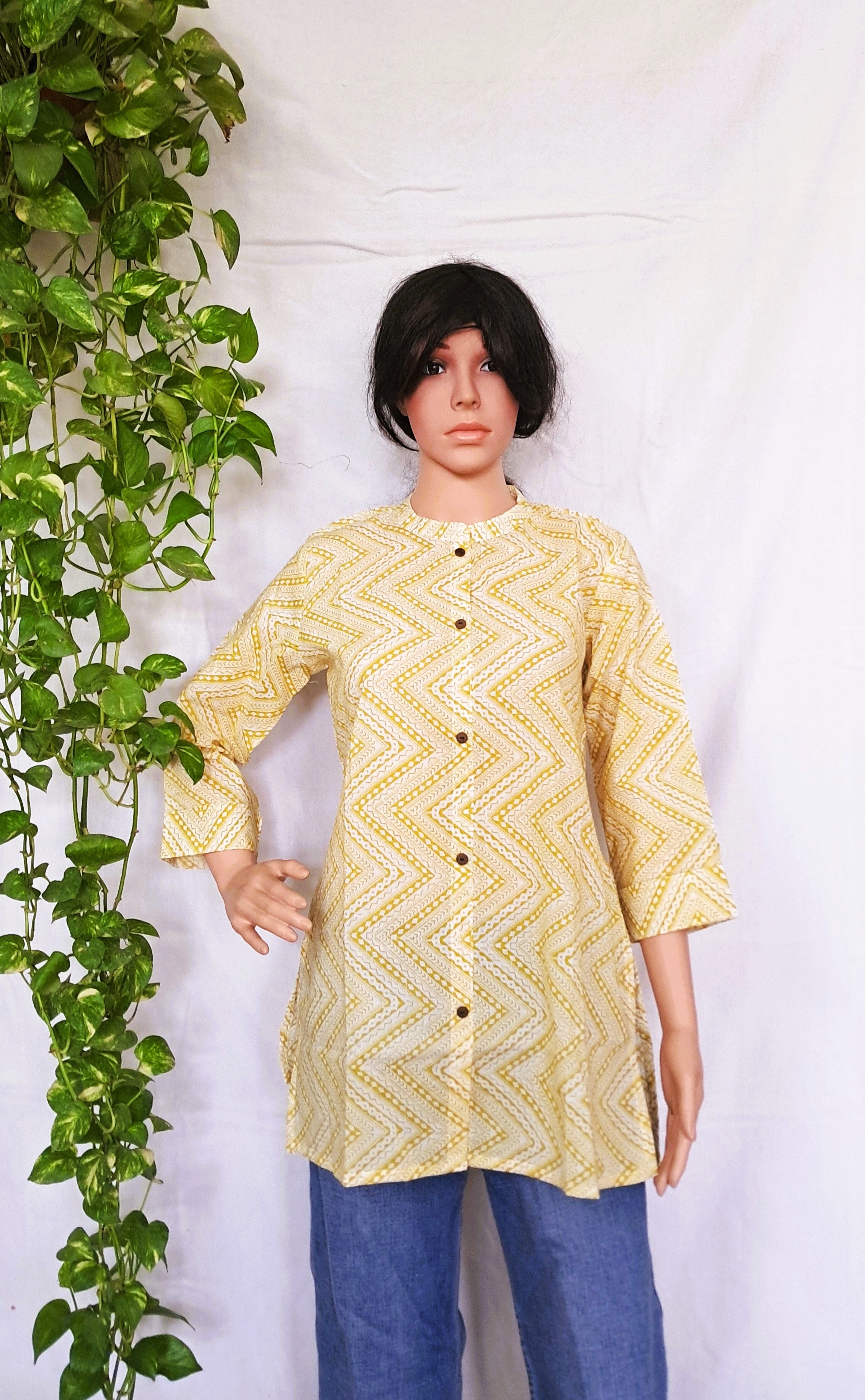 Yellow Cotton Short Kurti for Jeans LOOMS HANGER